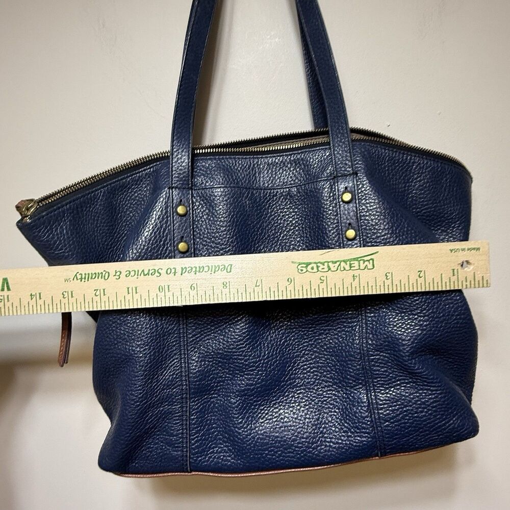 VTG Fossil Jenna Denim Navy Blue Pebbled Leather Brown Trim Tote Shoulder Bag - Picture 9 of 9